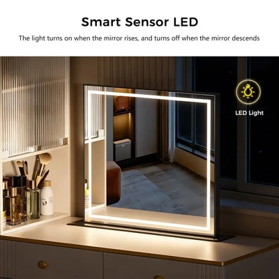 Toiletbord i minimalistisk stil med skjult elektrisk liftspejl og LED-lys